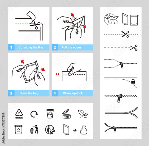 A set of icons for opening zip locks, tear notch on packaging. Set for package, shows the place of opening. Vector elements. Ready and simple to use for your design. EPS10.