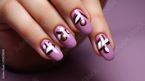 Manicure: Long nails in the shape of almonds in magenta color with candy icons 