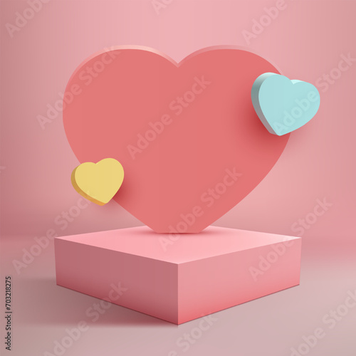 Valentine's Day Pink Podium Mockup, Showcase product display Love and Luxury with 3D Pink Heart Backdrop