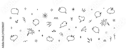 Cute line doodle speech bubble, stars, firework, heart, glitter, sparks. Celebration surprise hand drawn sketch design elements. Comic Japanese manga style. Think cloud, conversation, chat
