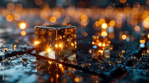 Glowing golden cubes arranged in a grid on a reflective surface