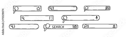Doodle picture, photo, voice search bar set. Hand drawn internet information find. Website browser box sketch. Magnifying glass button. Computer interface. Bookmark symbol