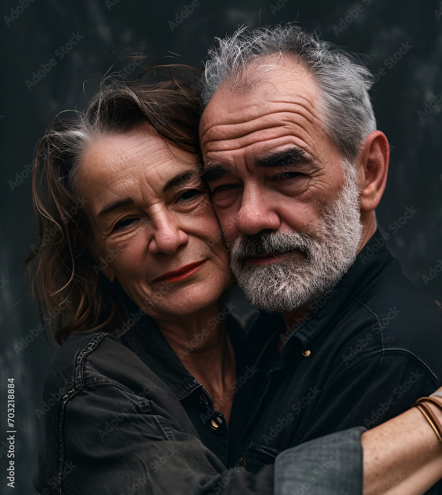 A couple of 50 year old caucasian man and woman hugging happily. The love and passion of elderly pensioners. Photorealistic color image. A couple of 50 year old caucasian man and woman hugging happily. The love and passion of elderly pensioners. Photorealistic color image.