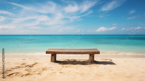 Untouched beach paradise awaits behind a rustic wooden table photo