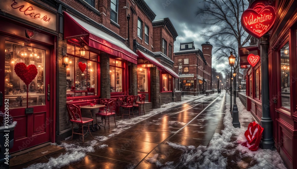 Naklejka premium Valentine's Day-themed image, Urban cityscape, gorgeous decoration in the street, romantic ambiance, fantasy illustration. generative Ai