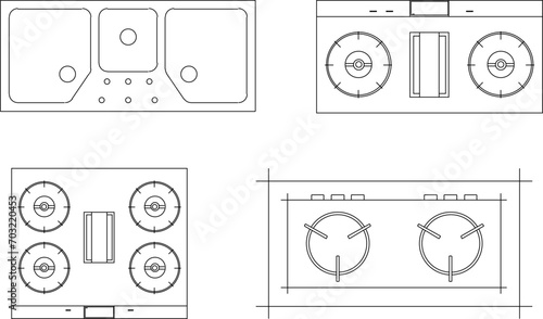 vector sketch illustration of a collection of stove designs seen from above