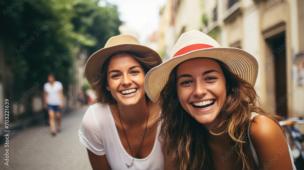 Naklejka premium Two happy young women wearing hats outdoors