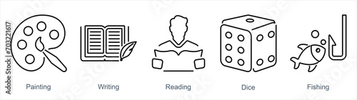 A set of 5 Hobby icons as painting, writing, reading