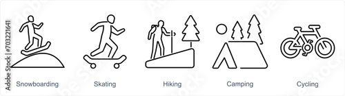 A set of 5 Hobby icons as snowboarding, skating, hiking