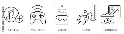 A set of 5 Hobby icons as add music, video game, cooking