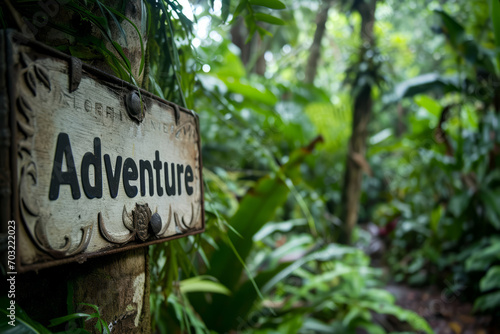 Adventure concept image with a sign with written word Adventure in a lush tropical forest © Keitma