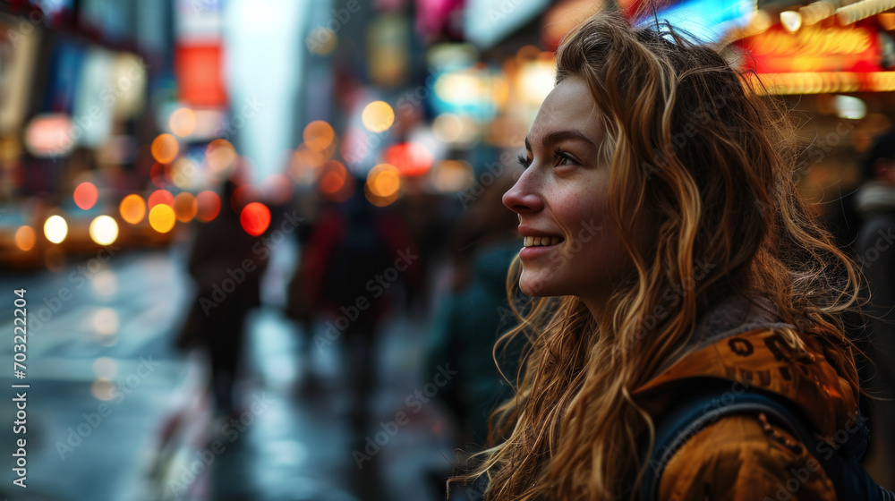 Imagine a bustling urban scene where a young smiling caucasian blonde European woman model strikes a spontaneous pose amidst the blur of city life Imagine a bustling urban scene where a young smiling caucasian blonde European woman model strikes a spontaneous pose amidst the blur of city life