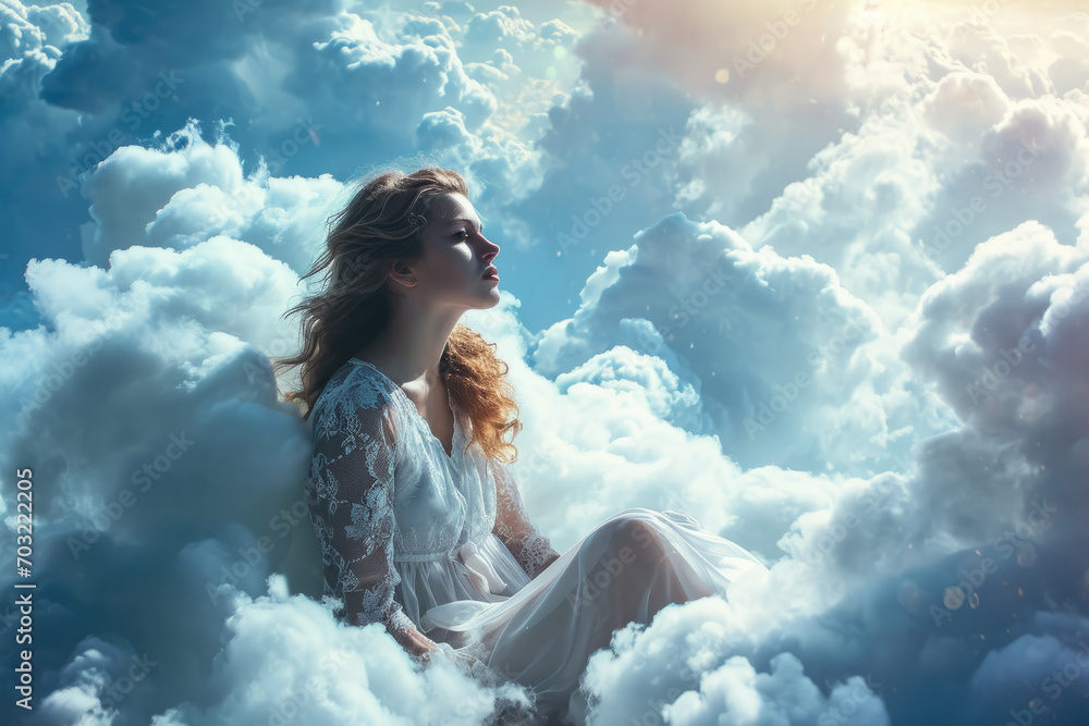 Young dreamy woman sitting on clouds thinking and looking at the sky like in a dream
