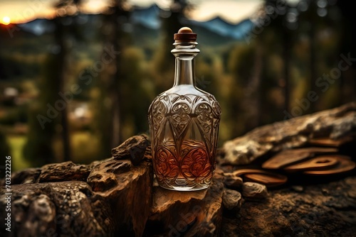 old precious liquor decanter in a beautiful natural stone landscape