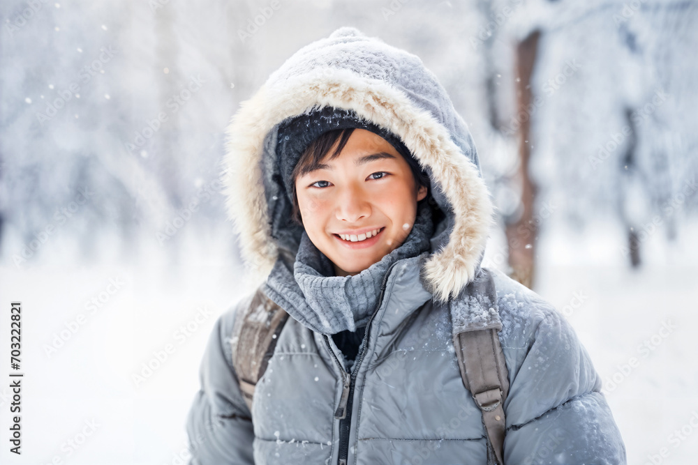 Boy Enjoying Winter Snowfall. Generative AI Boy Enjoying Winter Snowfall. Generative AI