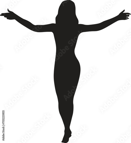 Vector illustration of a girl spread her arms Black vector silhouette of young girl with spread arms isolated on white background