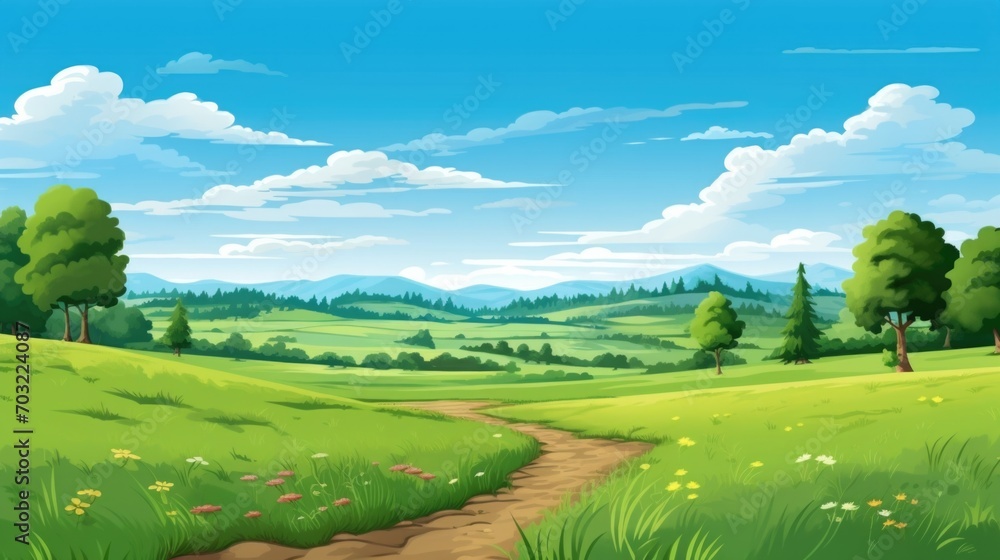 Peaceful meadow with green grass landscape illustration in cartoon style. Scenery background