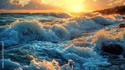 The sun sets over a turbulent sea, casting a golden glow over the dynamic waves