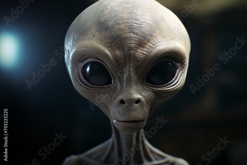 Detailed Image of Extraterrestrial Being with Slender Body, Gray Skin, and Almond Shaped Eyes