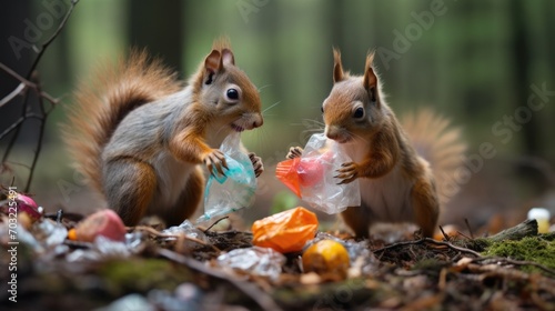 Squirrels playing with plastic waste, garbage dump left by human in forest. Environmental pollution