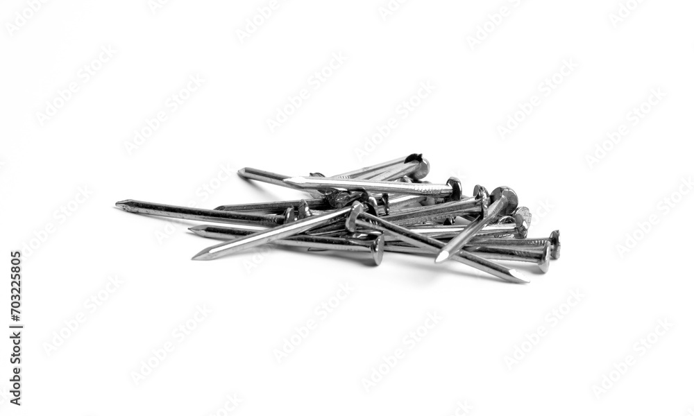 Pile Of Silver Shiny Sharp Metal Nails Closeup Photo Isolated On White Background Pile Of Silver Shiny Sharp Metal Nails Closeup Photo Isolated On White Background