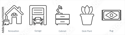 A set of 5 Home Interior icons as renovation, garage, cabinet