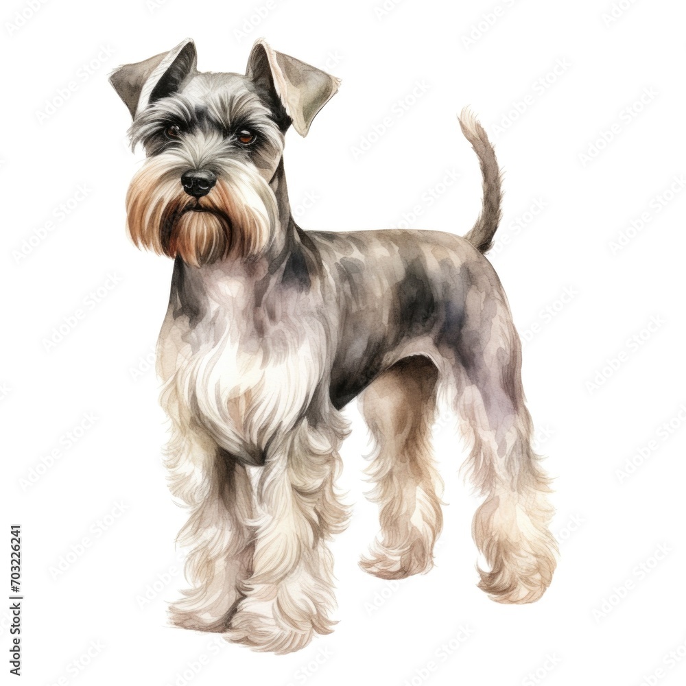 Miniature Schnauzer dog breed watercolor illustration. Cute pet drawing isolated on white background