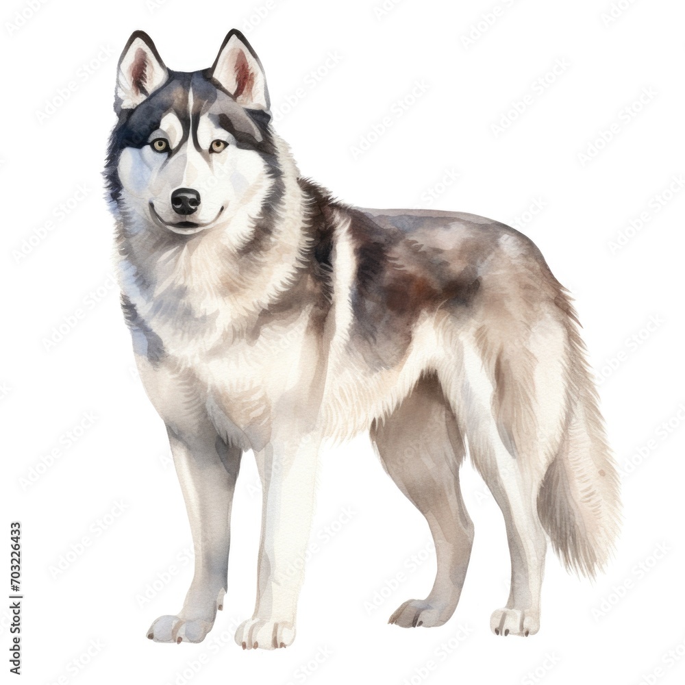 Siberian Husky dog breed watercolor illustration. Cute pet drawing isolated on white background.