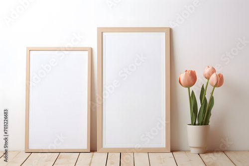 Two wooden empty picture frames next to tulip spring flowers in vase in front of white wall. Poster mockup #703226683