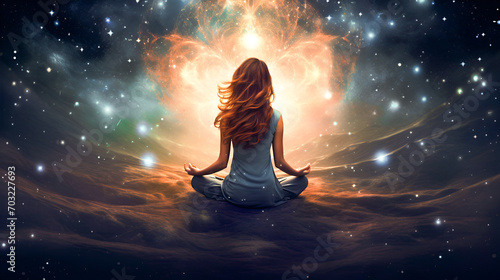 universe is meta, the woman with red hair flowing in the wind meditates on the cosmic background of the galaxy, the shine of the stars. spiritual practices, cosmic energy and mental health