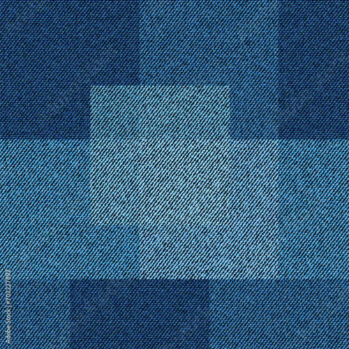 Blue jeans texture with patches. Denim background. Seamless fabric pattern.