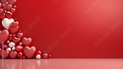 Festive red background for Valentine's Day with red and pink glitter hearts forming a frame with space for text on the side. © Tetiana