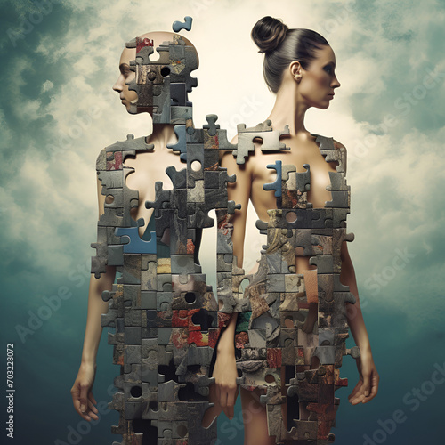 A conceptual piece of human complexity, the two women are depicted as puzzle figures, symbolizing the complex nature of human relationships and psychology.