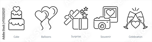 A set of 5 Honeymoon icons as cake, balloons, surprise