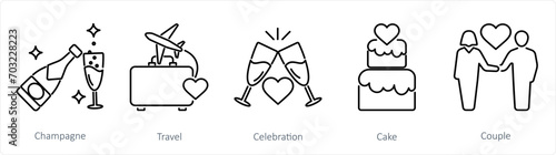 A set of 5 Honeymoon icons as champagne, travel, celebration