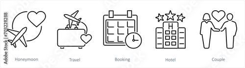 A set of 5 Honeymoon icons as honeymoon, travel, booking