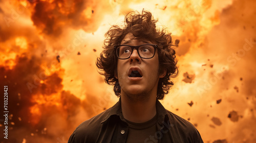 Shocked man with explosion behind.