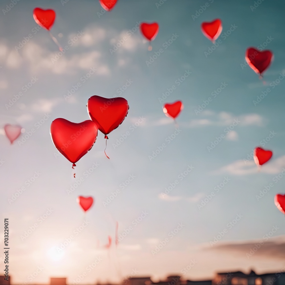 Heart Shaped Balloons Floating in the Bright Sky for Valentine's Day Background