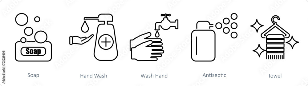 A set of 5 Hygiene icons as soap, hand wash, wash hand A set of 5 Hygiene icons as soap, hand wash, wash hand
