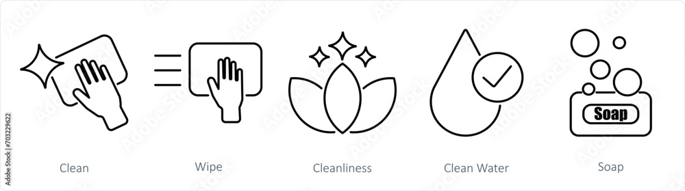 A set of 5 Hygiene icons as clean, wipe, cleanliness - obrazy, fototapety, plakaty 