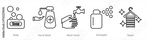 A set of 5 Hygiene icons as soap, hand wash, wash hand