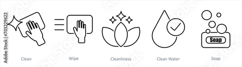 A set of 5 Hygiene icons as clean, wipe, cleanliness photo