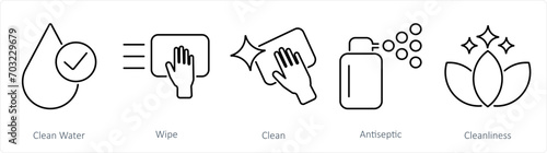 A set of 5 Hygiene icons as clean water, wipe, clean
