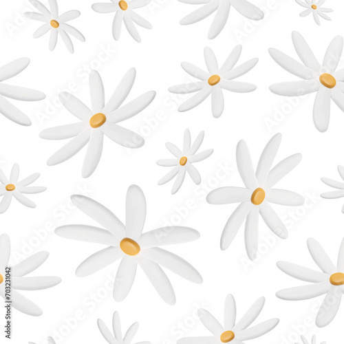 Chamomiles seamless pattern. 3d flowers buds in plastic style. Plasticine plant. Clay daisy garden. Vector illustration on white background.