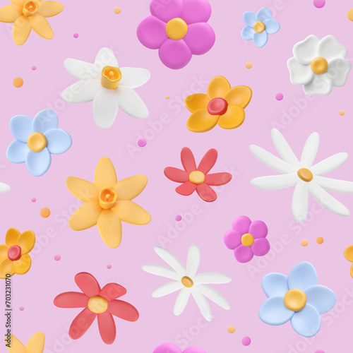 Background with plasticine 3d flowers. Multicolored puffy buds and dots, childish seamless pattern with clay three dimensional summer elements. Vector illustration in plastic style. Spring wallpaper.
