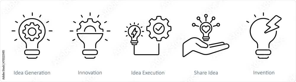 A set of 5 Idea icons as idea generation, innovation, idea execution - obrazy, fototapety, plakaty 