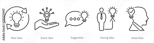 A set of 5 Idea icons as new idea, share idea, suggestion