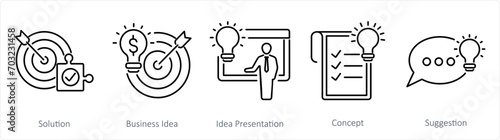 A set of 5 Idea icons as solution, business idea, idea presentation