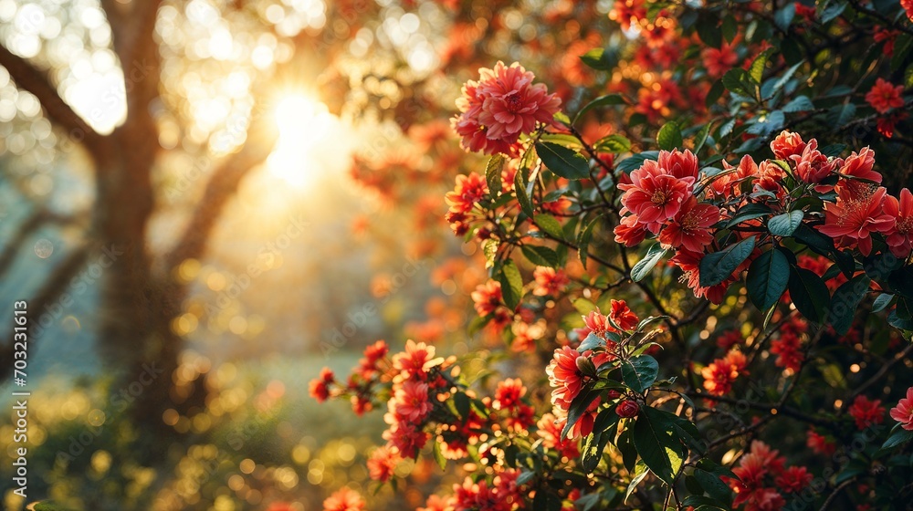 an image of flowers on the ground during sunset time in the woods