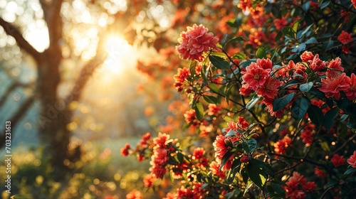 an image of flowers on the ground during sunset time in the woods